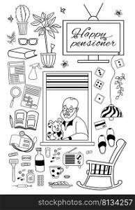 grandparents day. Happy elderly man in the window of an apartment with dog and things for a cozy life. Chair and slippers, dominoes, medicines, flowerpots. International Day of Older Persons. vector 