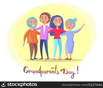 Grandparents Day Poster Senior Couple and Children. Grandparents day posters set with senior couple and their adult children having fun together vector illustration postcard in circle on white