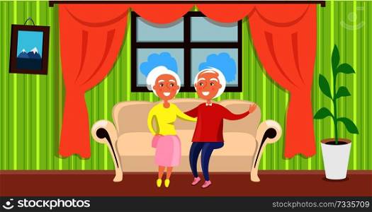 Grandparents day poster with mature husband and wife sitting on sofa near window with curtains in cosy flat vector illustration, green plant in pot. Grandparents Day Poster with Mature Husband Wife