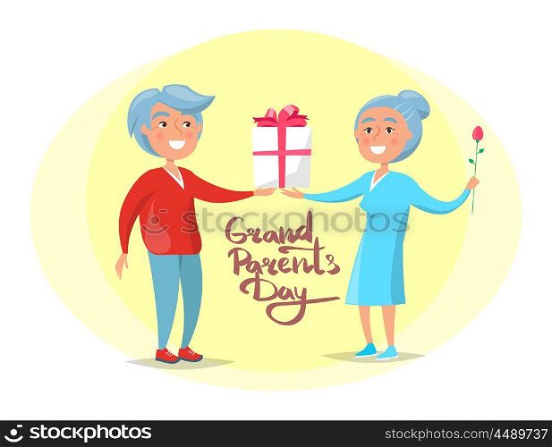 Grandparents Day Senior Couple Give Present Vector. Grandparents day poster with senior couple giving presents to each other, man with gift box and woman holding flower vector postcard in circle