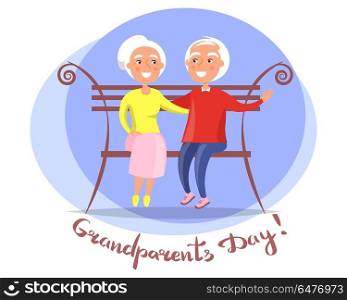 Grandparents Day Senior Couple on Bench Vector. Grandparents day poster with senior couple sitting on bench together, old husband and wife together vector illustration postcard in circle on white
