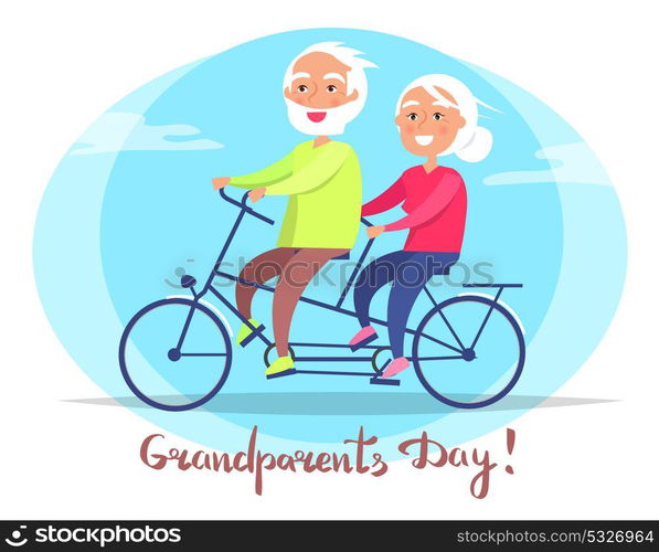 Grandparents Day Senior Couple on Bicycle Vector. Grandparents day poster with senior couple riding on bike. Grandmother and grandfather sit on bicycle together vector postcard in circle on white