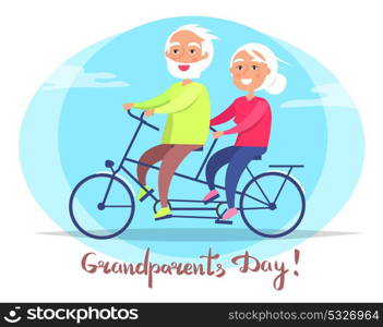 Grandparents Day Senior Couple on Bicycle Vector. Grandparents day poster with senior couple riding on bike. Grandmother and grandfather sit on bicycle together vector postcard in circle on white