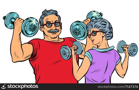 Grandparents do sports, fitness dumbbells. Pop art retro vector illustration drawing vintage kitsch. Grandparents do sports, fitness dumbbells