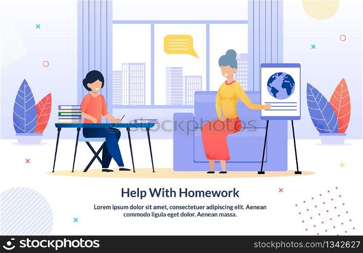 Grandparents Help Grandchild with Homework Cartoon Poster. Happy Relatives Relationships. Grandma Teaching Boy. Living Room Interior. Family Time. Support in Education. Vector Cartoon Illustration. Grandparents Help with Homework Cartoon Poster