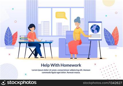 Grandparents Help Grandchild with Homework Cartoon Poster. Happy Relatives Relationships. Grandma Teaching Boy. Living Room Interior. Family Time. Support in Education. Vector Cartoon Illustration. Grandparents Help with Homework Cartoon Poster