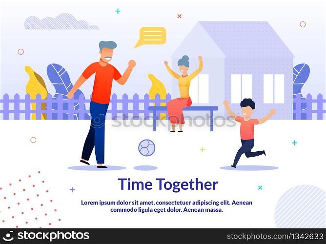 Grandparents Play with Grandchild in Yard. Old Man, Grandson, Football Game. Grandmother Happily Gestures. Time Together Poster. Weekend in Village. Countryside House. Vector Flat Cartoon Illustration. Grandparents Play with Grandchild in Yard Poster