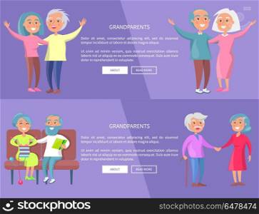 Grandparents Poster with Senior Lady and Gentleman. Grandparents web posters with senior lady and gentleman with stick walk together holding hands and sitting at home doing daily activities vector