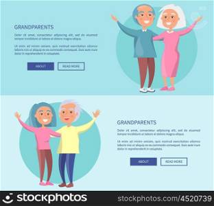 Grandparents Posters Senior Couples Waving Hands. Grandparents posters with senior couples waving hands vector illustrations . Happy granny and grandpa cartoon characters in flat style