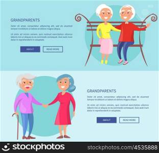 Grandparents Posters with Mature Couples Together. Grandparents posters with mature couple sitting on bench together, old husband and wife hugging each other vector illustration isolated on blue
