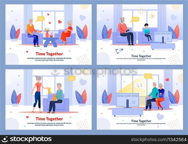 Grandparents Rest at Home Together Banner Flat Set. Senior Mature Married Couple Petting Dog and Cat, Watching TV Relax Indoor. Grandfather with Kid Playing Video Games. Vector Cartoon Illustration. Grandparents Rest at Home Together Banner Flat Set