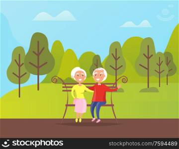 Grandparents sitting on bench in green park. Mature people spend time together outdoors, sitting on wooden seat among green trees and bushes, springtime. Grandparents People Sitting on Bench in Green Park