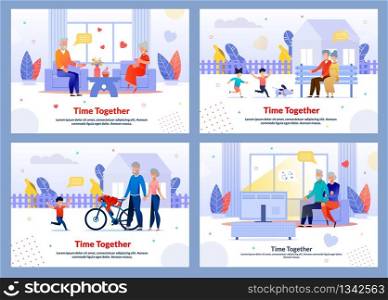 Grandparents Spend Time Along and with Kids Outdoors and at Home Flat Banner Set. Meeting, Playing in Yard, Walking Dog Pet, Watching Evening TV Show, Having Lunch. Vector Cartoon Illustration. Grandparents Spend Time Along and with Kids Set