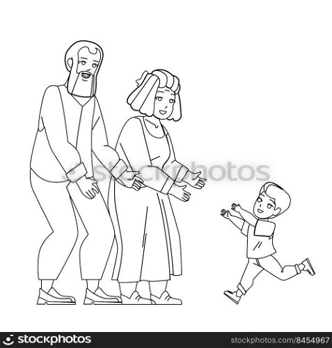 Grandparents Visit Grandchildren Family Vector. Happy Grandfather and Grandmother Visit Grandchildren. Characters Grand Parents And Kid Recreational Happy Time Together black line illustration. Grandparents Visit Grandchildren Family Vector