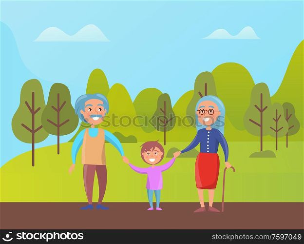 Grandparents walking in green park with grandson vector elderly people and boy. Senior grandmother and grandfather on retirement with kid in spring forest. Grandparents Walking in Green Park with Grandson