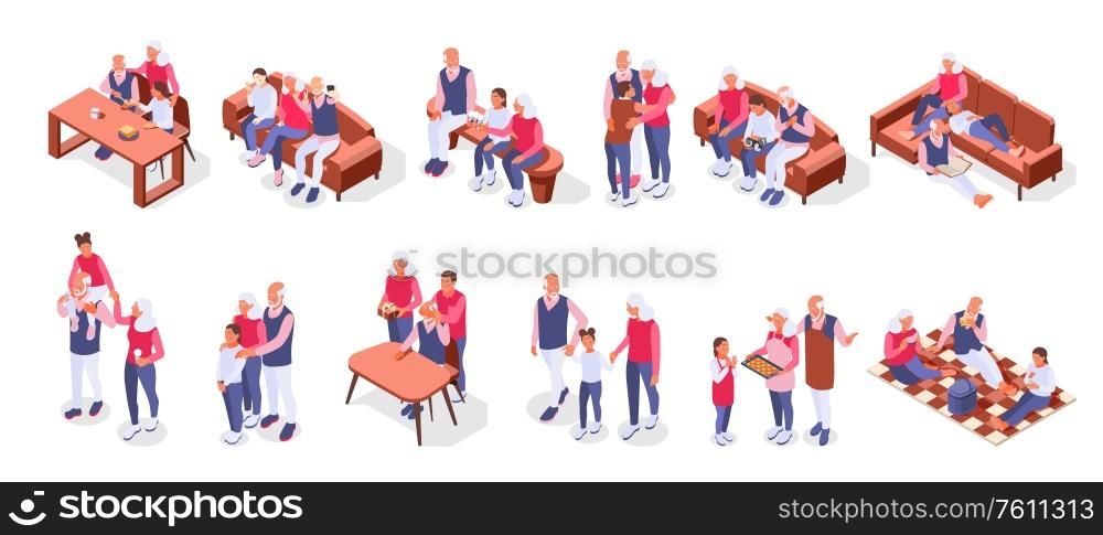 Grandparents with children color set of friendly family members spending time together isometric compositions vector illustration