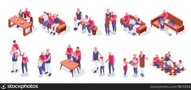 Grandparents with children color set of friendly family members spending time together isometric compositions vector illustration