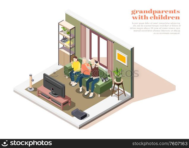 Grandparents with children composition of two elderly people and young girl taking selfies together isometric vector illustration