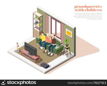 Grandparents with children composition of two elderly people and young girl taking selfies together isometric vector illustration