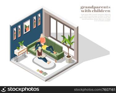 Grandparents with children in home interior with grandmother grandfather and granddaughter reading book together isometric vector illustration