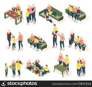 Grandparents with children isometric icons with elderly and young people communicated well with each other isolated vector illustration