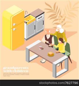 Grandparents with children isometric vector illustration of friendly family having breakfast in home kitchen interior