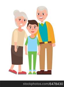 Grandparents with Grandson Isolated Characters. Grandparents with grandson vector illustration isolated on white. Happy senior couple together with young boy vector illustration in flat style
