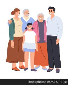 Grandparents with kids and grandchildren, isolated family portraits with male and female characters. Bonding and spending time together, husband and wife with children. Vector in flat styles. Family grandparents with kids and grandchildren