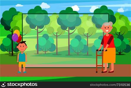 Grandson and grandmother, people and family, having good time together at park, filling form and trees, landscape isolated on vector illustration. Grandson and Grandmother, Vector Illustration