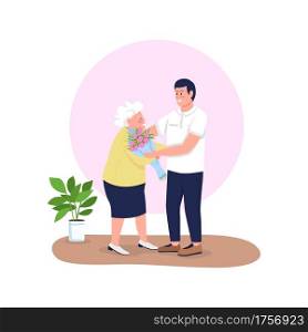 Grandson giving grandmother flowers flat color vector detailed characters. Spring holiday greeting. Mom and adult son. Mothers day isolated cartoon illustration for web graphic design and animation. Grandson giving grandmother flowers flat color vector detailed characters