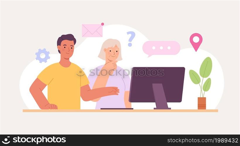 Grandson or volunteer help elderly woman learn computer. Grandma using internet. Modern technology school for senior people vector concept. Young man assisting grandmother with gadget. Grandson or volunteer help elderly woman learn computer. Grandma using internet. Modern technology school for senior people vector concept