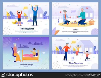 Grannies Spend Time Along and with Grandchild Together Motivational Banner Set. Grandmother Reading Fairy Tale at Night. Grandparents Having Picnic on Nature. Vector Cartoon Illustration. Grannies Spend Time Along and with Grandchild Set
