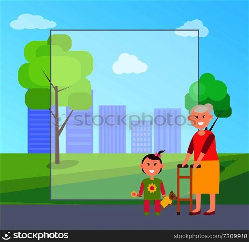 Granny and granddaughter standing by filling form, kid with toy, teddy bear, park and trees, buildings and cityscape, isolated on vector illustration. Granny and Granddaughter, Vector Illustration