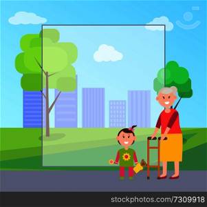 Granny and granddaughter standing by filling form, kid with toy, teddy bear, park and trees, buildings and cityscape, isolated on vector illustration. Granny and Granddaughter, Vector Illustration