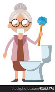 Granny cleans WC, illustration, vector on white background.