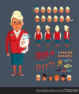 Granny constructor collection with icons of heads with expressions, accessories hat, blue necklace, haircut styles set isolated on vector illustration. Granny Constructor Collection Vector Illustration