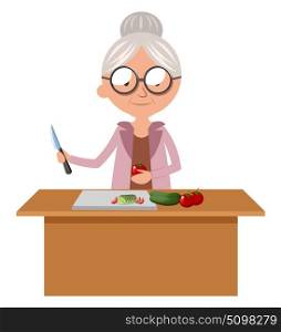 Granny cutting food, illustration, vector on white background.