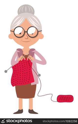 Granny doing knitwork, illustration, vector on white background.