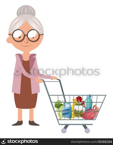 Granny in shopping, illustration, vector on white background.