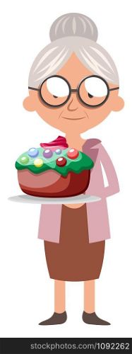 Granny with cake, illustration, vector on white background.