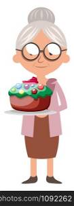 Granny with cake, illustration, vector on white background.