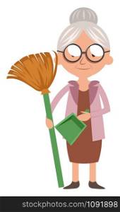 Granny with dust pan, illustration, vector on white background.