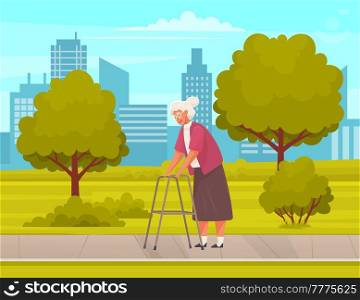 Granny with glasses walks with adult walker in city park. Woman resting against background of cityscape and nature. Grandmother spends time in nursing home. Person tries to lead active lifestyle. Granny with glasses walks with adult walker in city park. Grandmother spends time outdoors