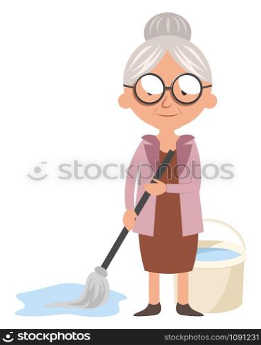 Granny with mop, illustration, vector on white background.