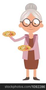 Granny with pizza, illustration, vector on white background.