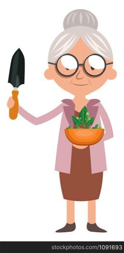 Granny with plant, illustration, vector on white background.