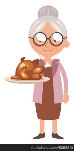 Granny with roast chicken, illustration, vector on white background.