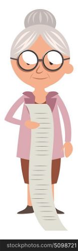 Granny with to do list, illustration, vector on white background.
