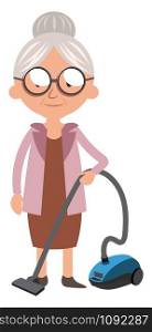 Granny with vacuum cleaner, illustration, vector on white background.
