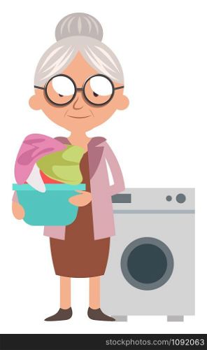 Granny with washmachine, illustration, vector on white background.